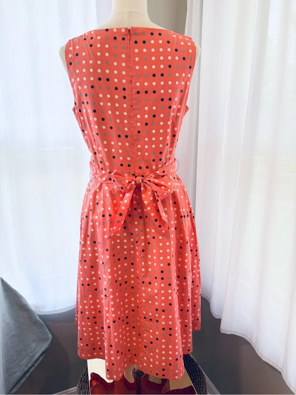 L.L. Bean Coral Polka Dot Sleeveless Retro Style Fit-and-Flare Dress - Picture 5 of 13